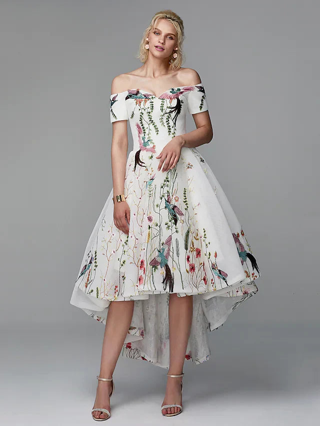 Cocktail Party Prom Valentine's Day Dress Off Shoulder Short Sleeve Asymmetrical Polyester with Embroidery