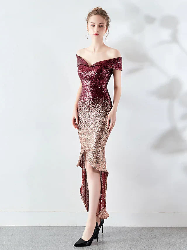 Cocktail Party Dress Off Shoulder Sleeveless Asymmetrical Sequined with Sequin
