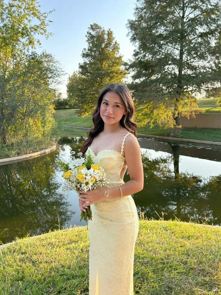 Lace-Trimmed Satin Floor-Length Evening Dress Pale Yellow Sweetheart Sleeveless for Women