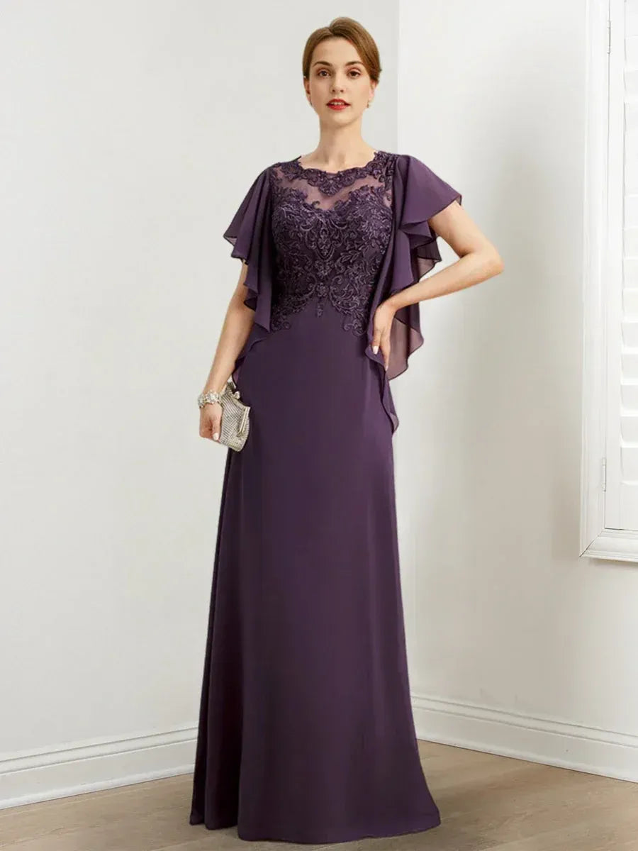 Lavish A-line Crew-neck Flutter-sleeve Lace Appliqué Plum Floor-length Mother of the Bride Dresses for Women Ready to Ship