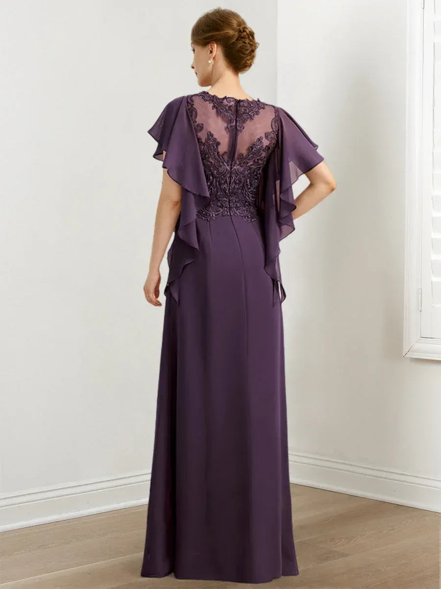 Lavish A-line Crew-neck Flutter-sleeve Lace Appliqué Plum Floor-length Mother of the Bride Dresses for Women Ready to Ship