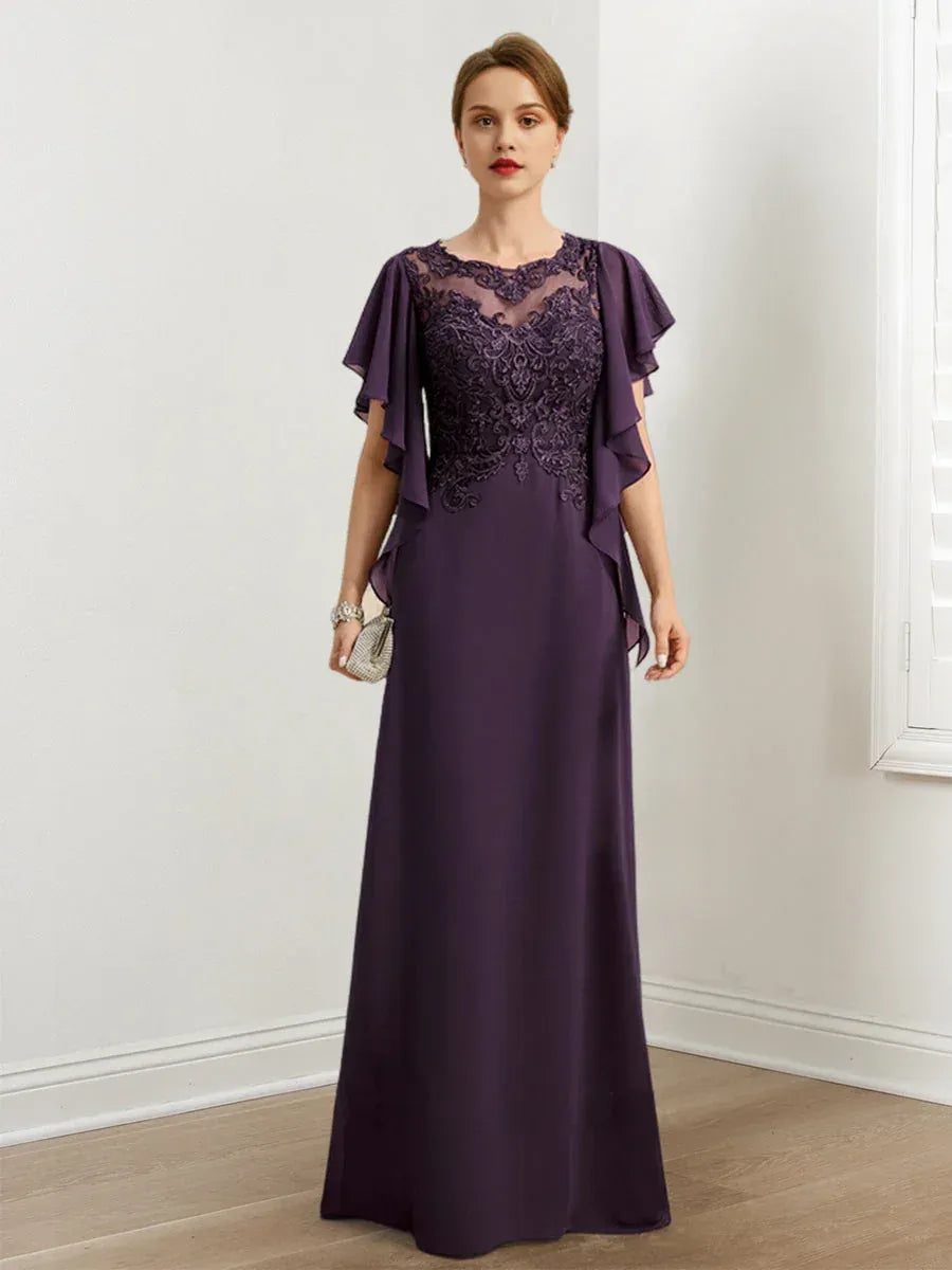Lavish A-line Crew-neck Flutter-sleeve Lace Appliqué Plum Floor-length Mother of the Bride Dresses for Women Ready to Ship