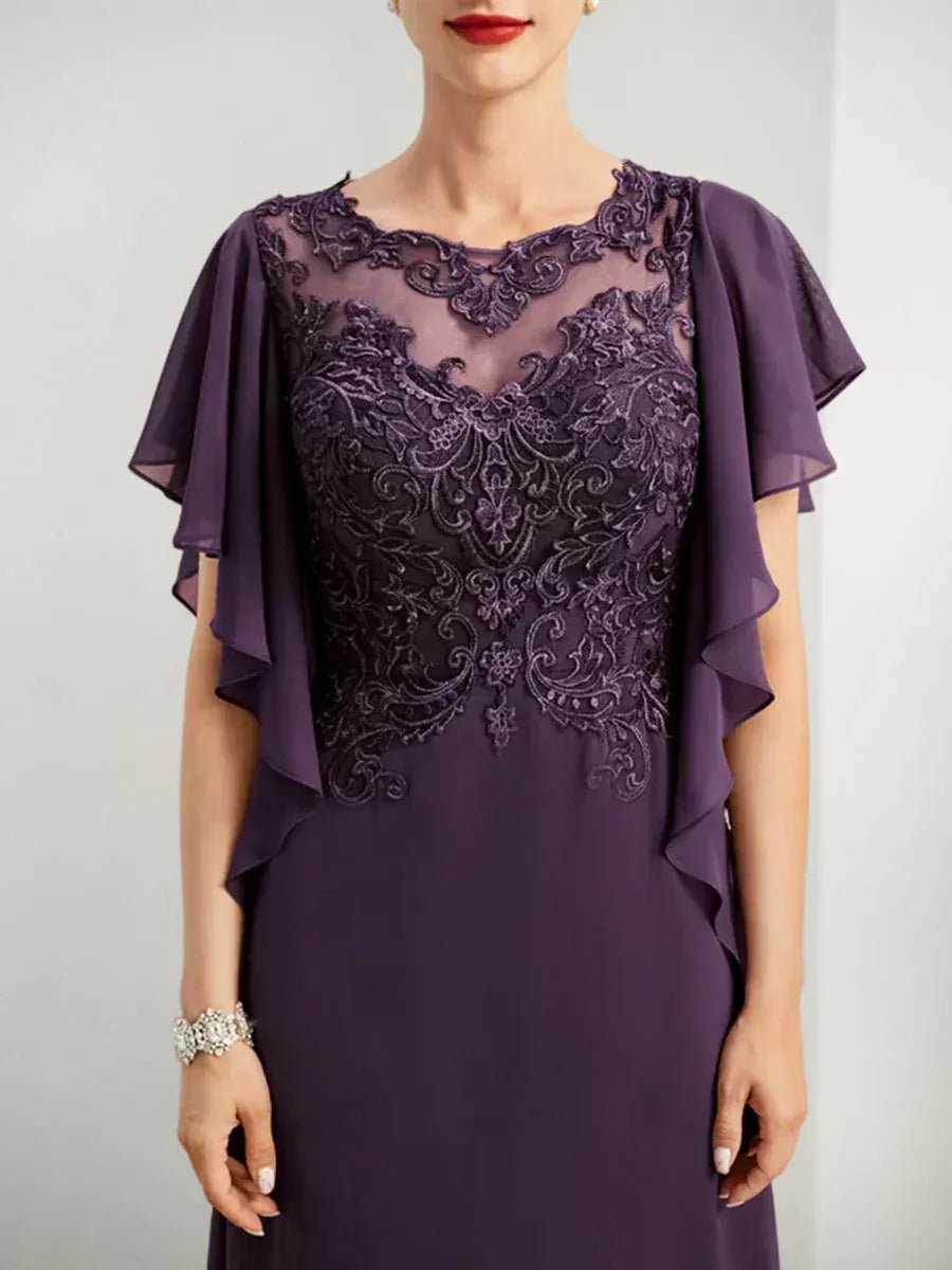 Lavish A-line Crew-neck Flutter-sleeve Lace Appliqué Plum Floor-length Mother of the Bride Dresses for Women Ready to Ship