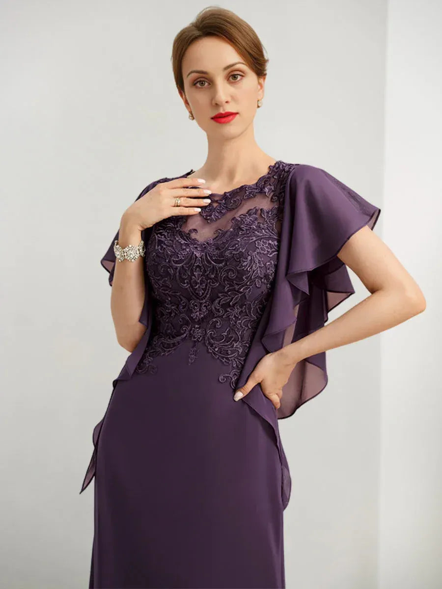 Lavish A-line Crew-neck Flutter-sleeve Lace Appliqué Plum Floor-length Mother of the Bride Dresses for Women Ready to Ship