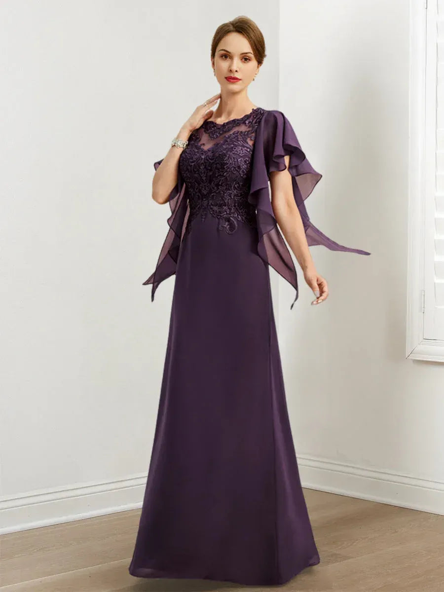 Lavish A-line Crew-neck Flutter-sleeve Lace Appliqué Plum Floor-length Mother of the Bride Dresses for Women Ready to Ship