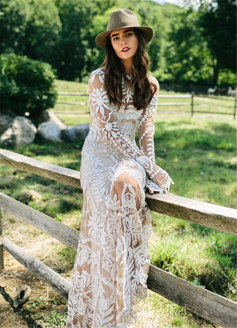 Long Sleeves Lace Boho Tulle Mermaid Wedding Dresses With Applique