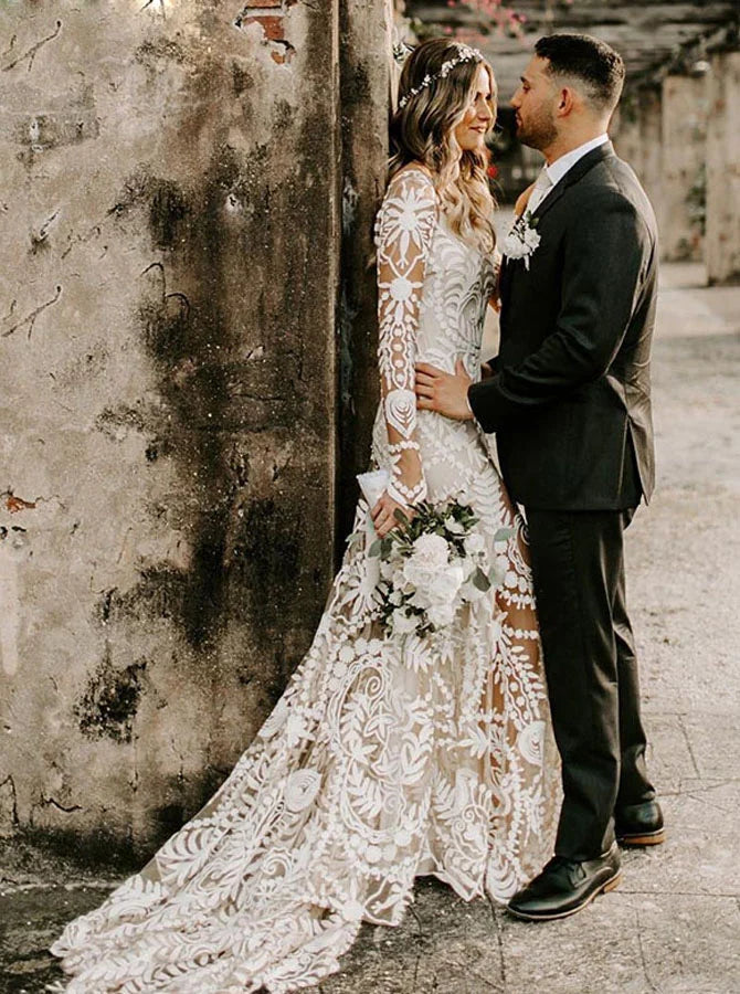 Long Sleeves Lace Boho Tulle Mermaid Wedding Dresses With Applique