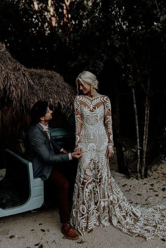 Long Sleeves Lace Boho Tulle Mermaid Wedding Dresses With Applique