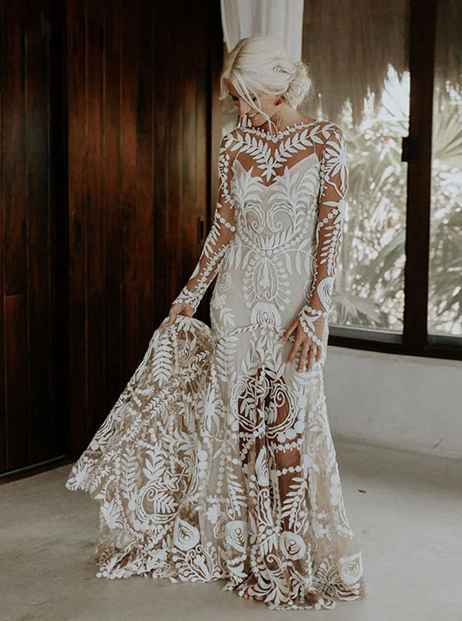 Long Sleeves Lace Boho Tulle Mermaid Wedding Dresses With Applique