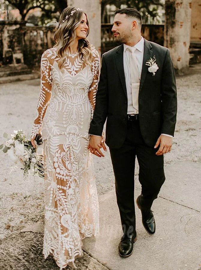 Long Sleeves Lace Boho Tulle Mermaid Wedding Dresses With Applique