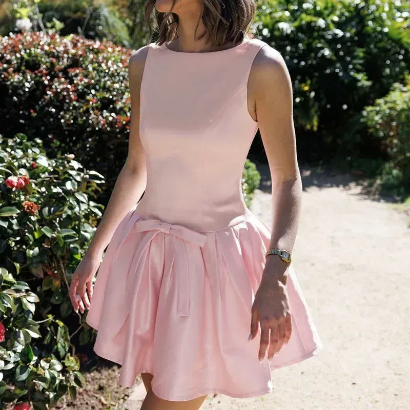 Lovely A-Line Bateau Neck Sleeveless Pleated Bow V Back Pink Short Homecoming Dress