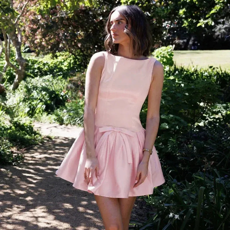 Lovely A-Line Bateau Neck Sleeveless Pleated Bow V Back Pink Short Homecoming Dress