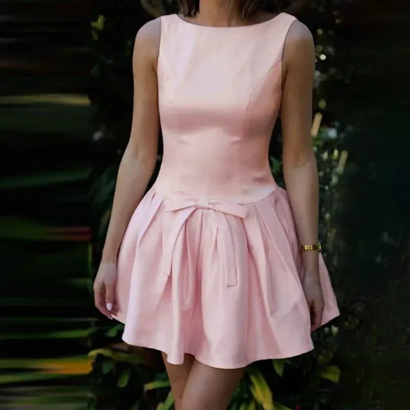 Lovely A-Line Bateau Neck Sleeveless Pleated Bow V Back Pink Short Homecoming Dress