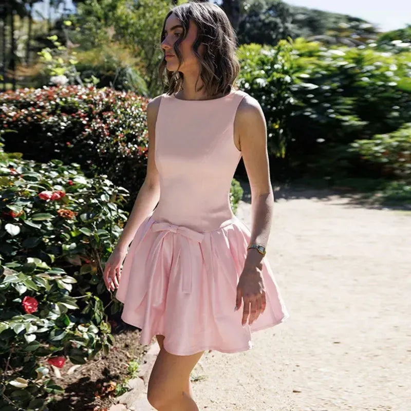 Lovely A-Line Bateau Neck Sleeveless Pleated Bow V Back Pink Short Homecoming Dress