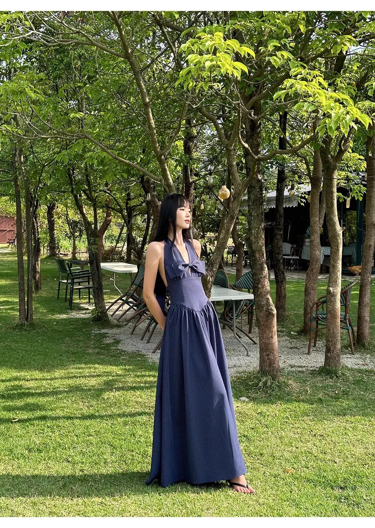 Lovely A-Line Halter Backless Butterfly Bow Stripe Maxi Prom Dress For Sale