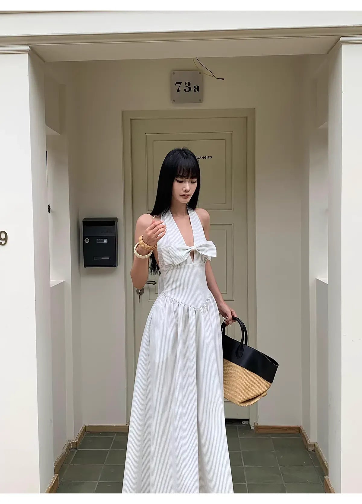 Lovely A-Line Halter Backless Butterfly Bow Stripe Maxi Prom Dress For Sale