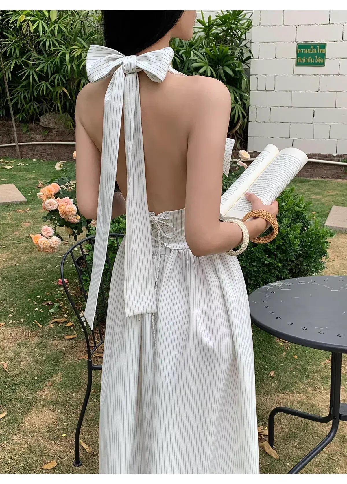 Lovely A-Line Halter Backless Butterfly Bow Stripe Maxi Prom Dress For Sale