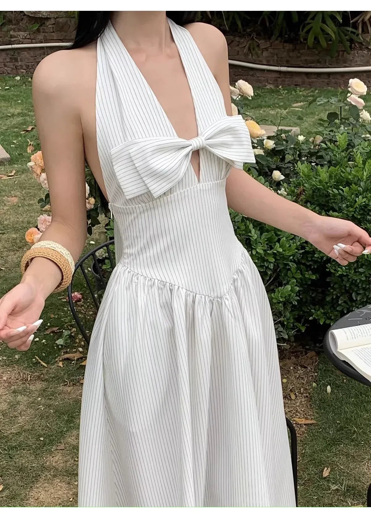 Lovely A-Line Halter Backless Butterfly Bow Stripe Maxi Prom Dress For Sale