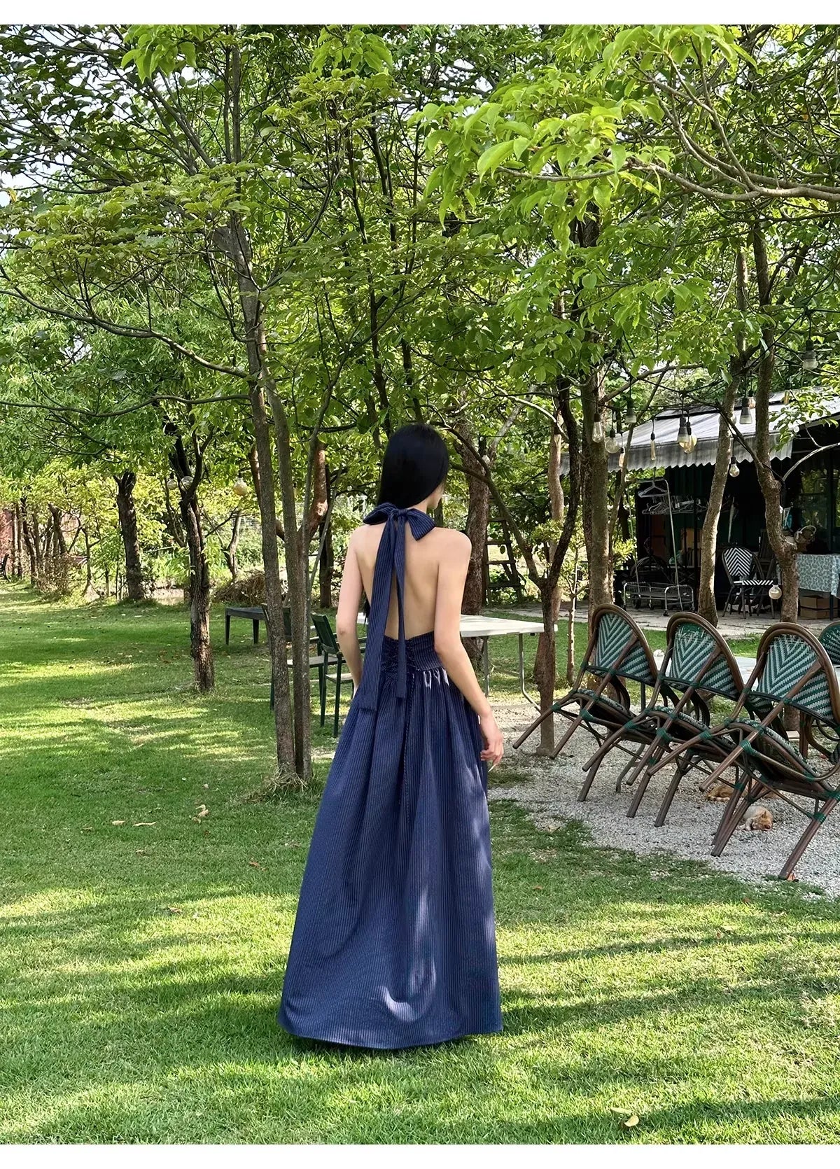 Lovely A-Line Halter Backless Butterfly Bow Stripe Maxi Prom Dress For Sale