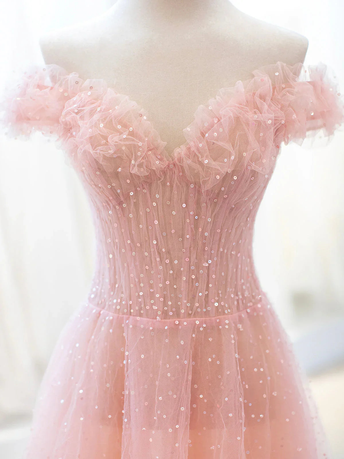 Lovely A-Line Off-Shoulder Sequins Tulle Pink Long Prom Dress Evening Dress