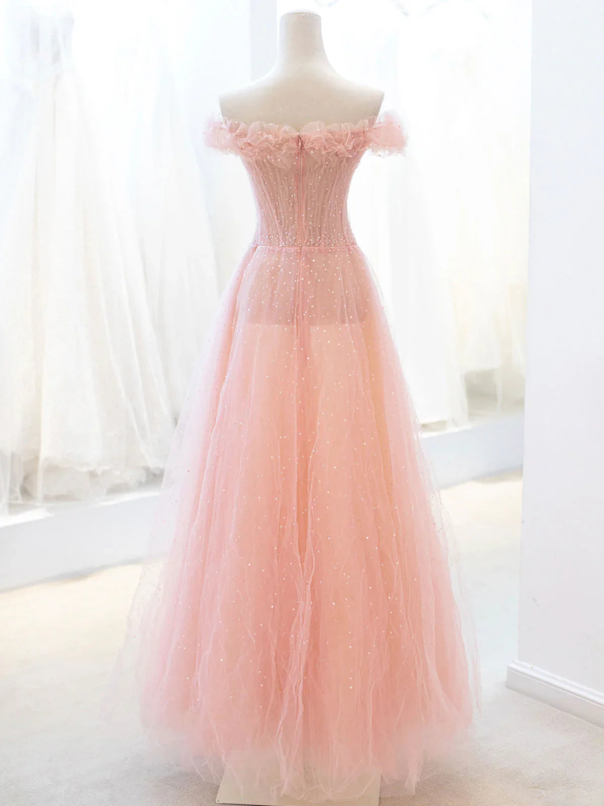 Lovely A-Line Off-Shoulder Sequins Tulle Pink Long Prom Dress Evening Dress