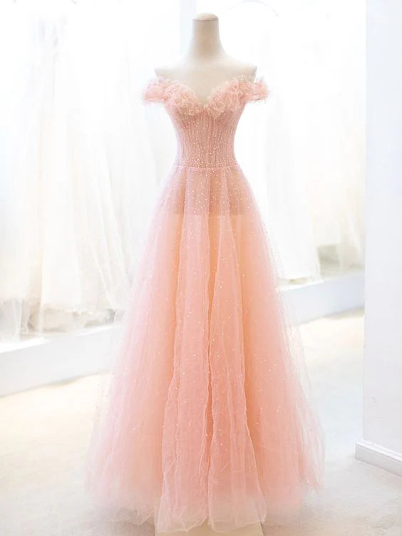 Lovely A-Line Off-Shoulder Sequins Tulle Pink Long Prom Dress Evening Dress