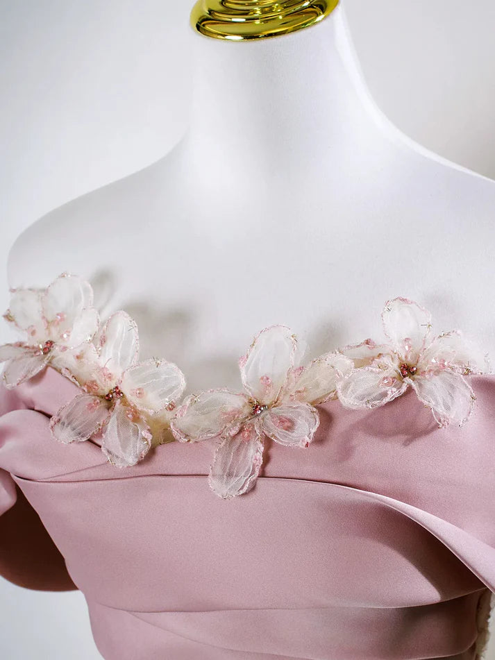 Lovely A-Line Off Shoulder Flowers Tulle Lace Champagne Long Prom Dress