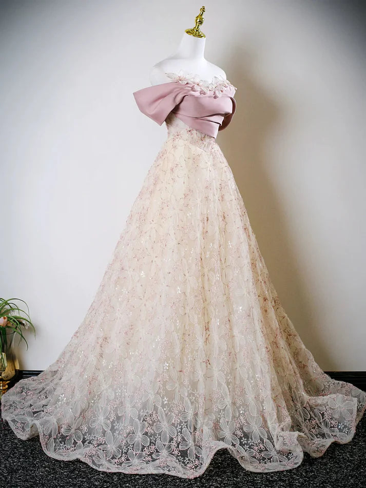 Lovely A-Line Off Shoulder Flowers Tulle Lace Champagne Long Prom Dress