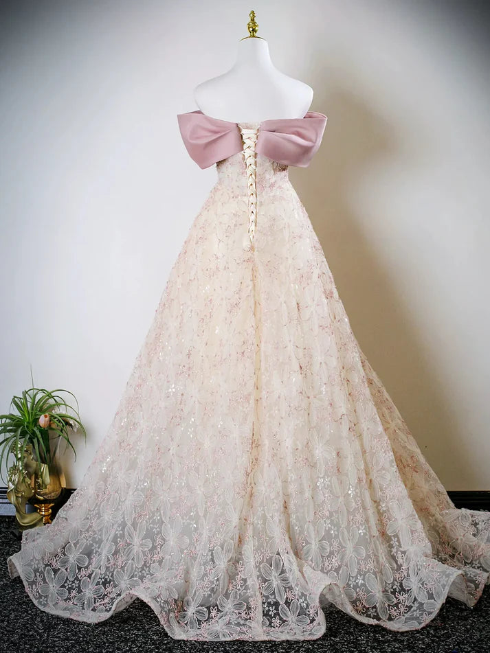 Lovely A-Line Off Shoulder Flowers Tulle Lace Champagne Long Prom Dress