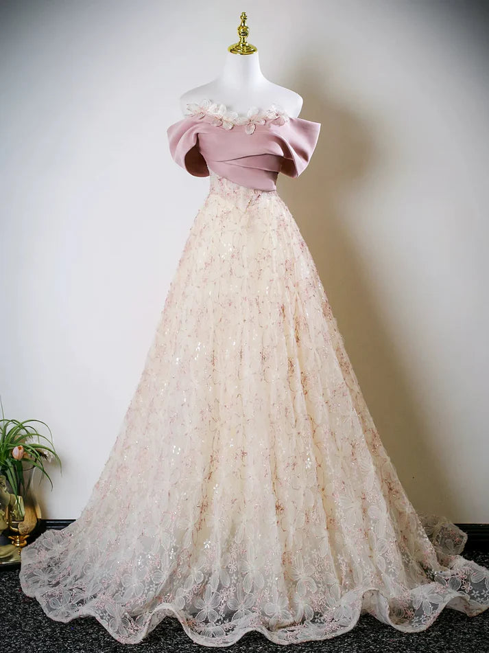 Lovely A-Line Off Shoulder Flowers Tulle Lace Champagne Long Prom Dress
