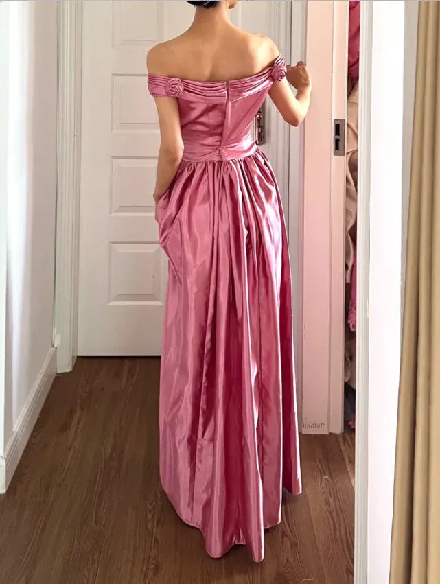 Lovely A-Line Off Shoulder Ruched 3D Rose Satin Pink Full Length Prom Dress