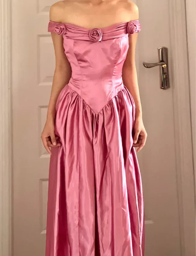 Lovely A-Line Off Shoulder Ruched 3D Rose Satin Pink Full Length Prom Dress