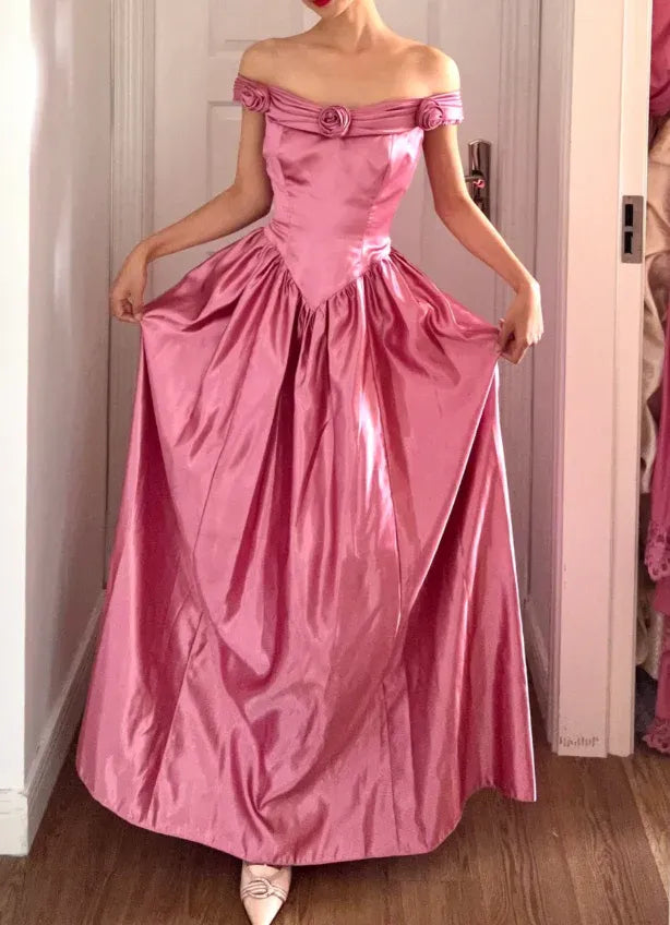 Lovely A-Line Off Shoulder Ruched 3D Rose Satin Pink Full Length Prom Dress