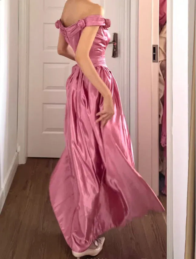 Lovely A-Line Off Shoulder Ruched 3D Rose Satin Pink Full Length Prom Dress
