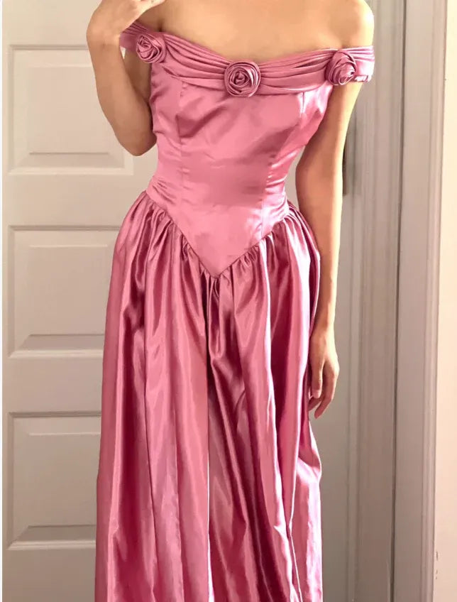 Lovely A-Line Off Shoulder Ruched 3D Rose Satin Pink Full Length Prom Dress