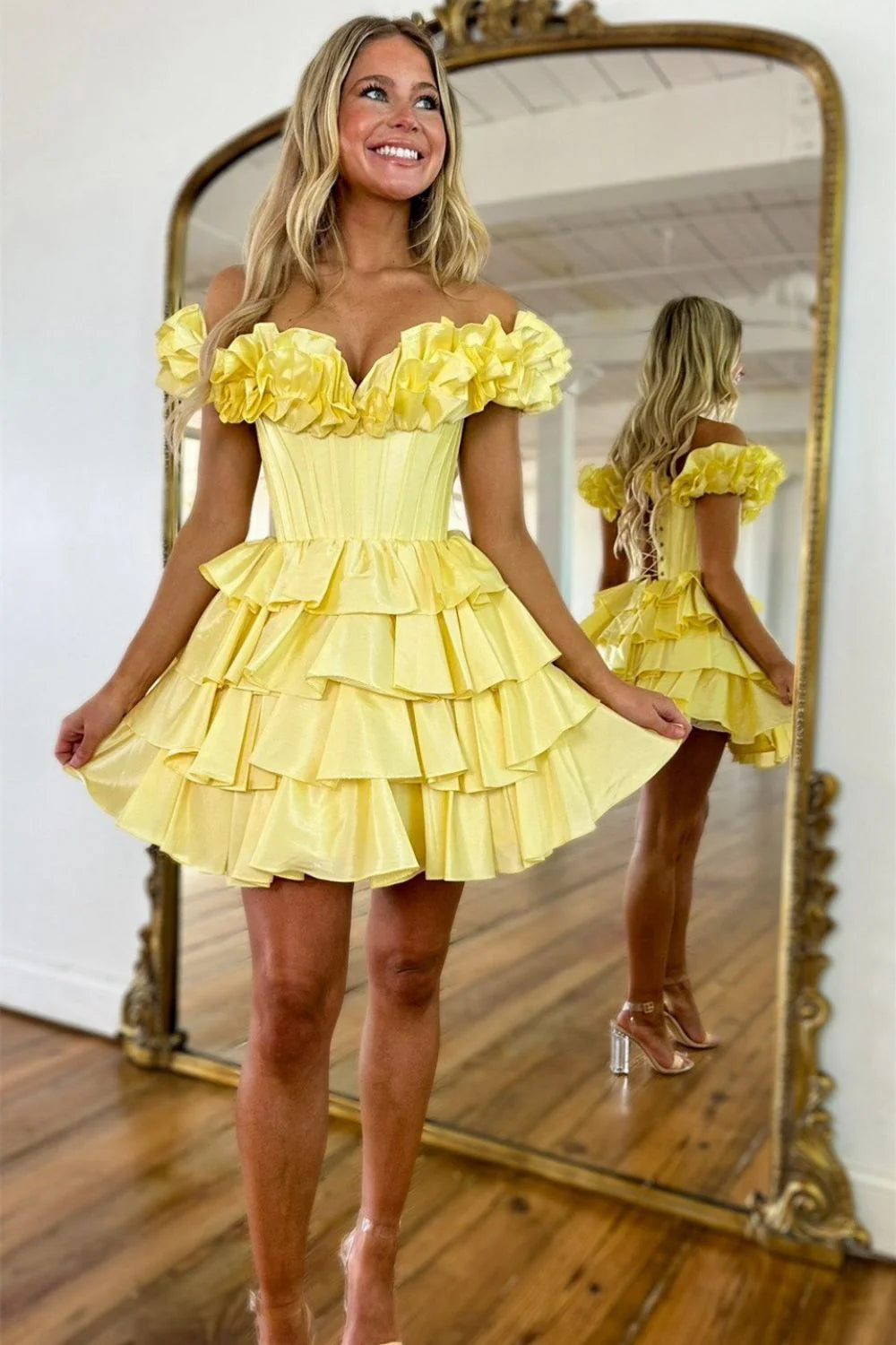 Lovely A-Line Off The Shoulder Tiered Satin Yellow Short Homecoming Dress