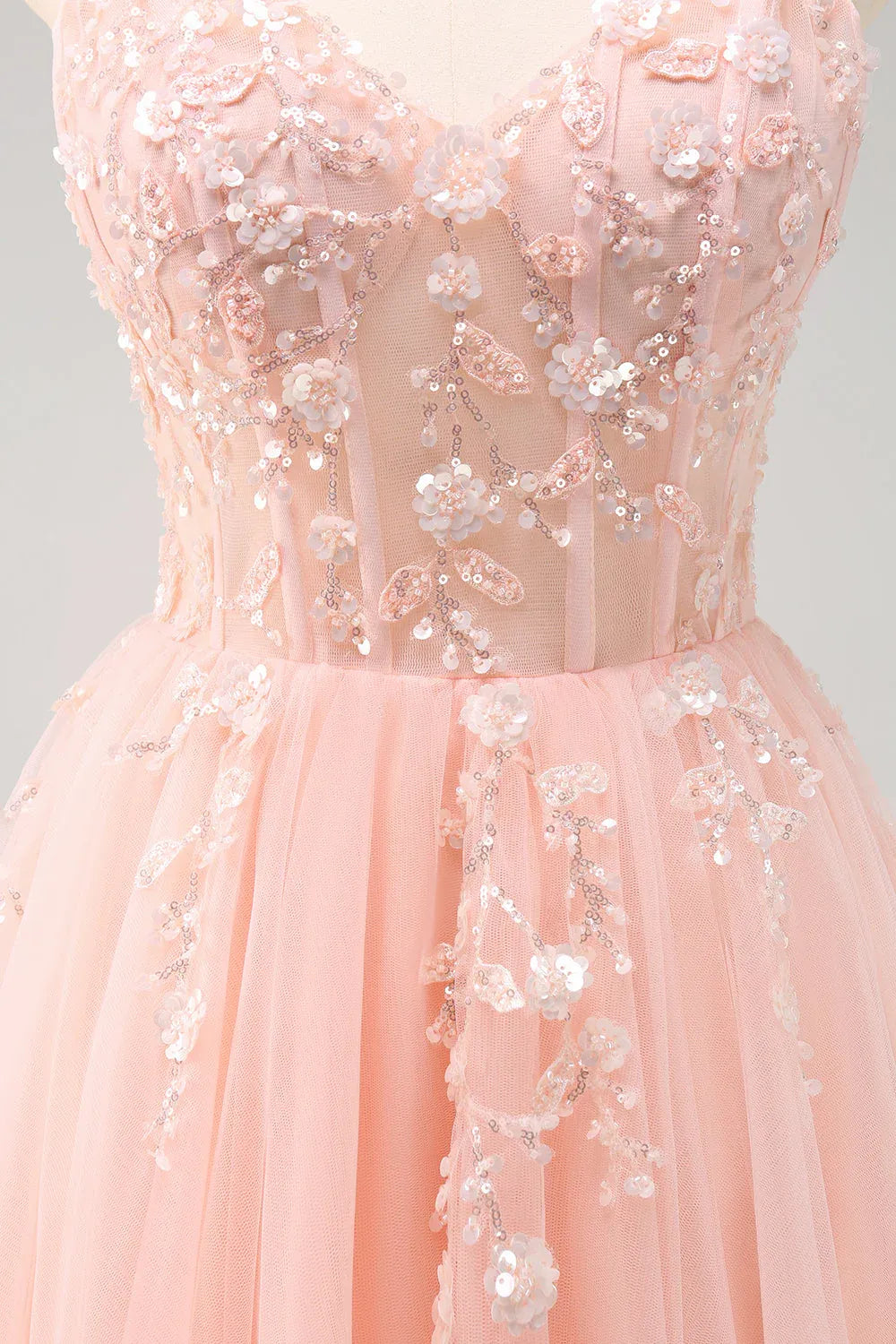 Lovely A-Line Spaghetti Strap Corset Beaded Appliques Tulle Pink Prom Dress
