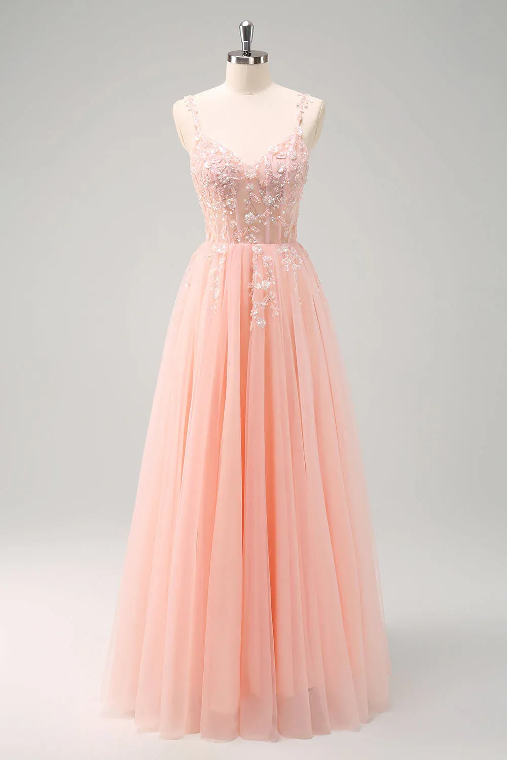 Lovely A-Line Spaghetti Strap Corset Beaded Appliques Tulle Pink Prom Dress
