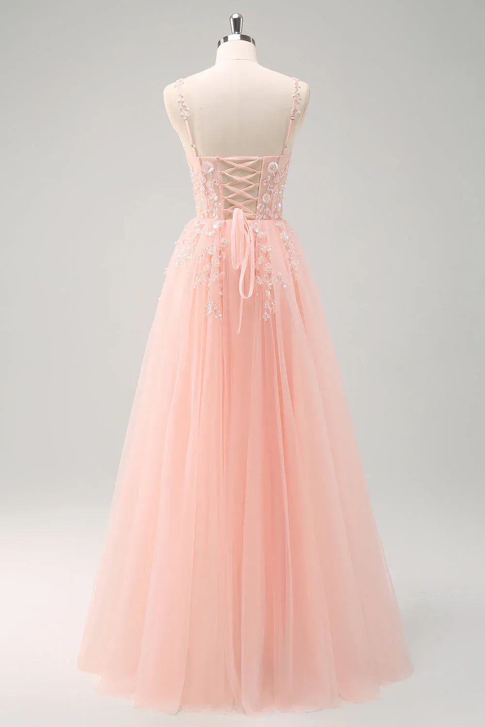 Lovely A-Line Spaghetti Strap Corset Beaded Appliques Tulle Pink Prom Dress
