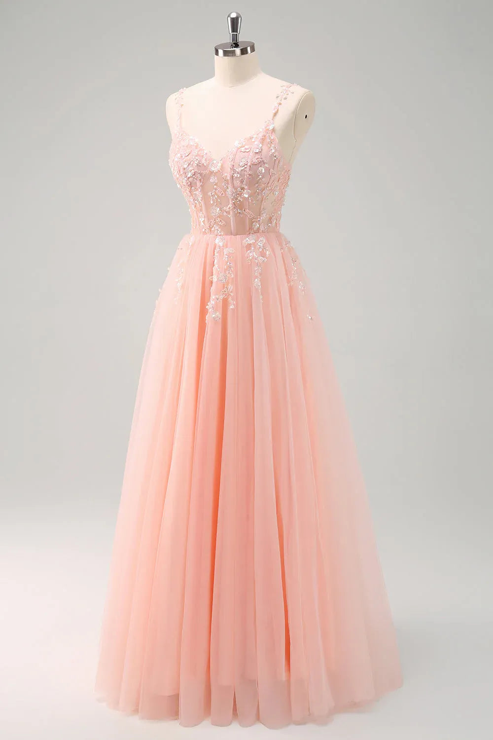 Lovely A-Line Spaghetti Strap Corset Beaded Appliques Tulle Pink Prom Dress