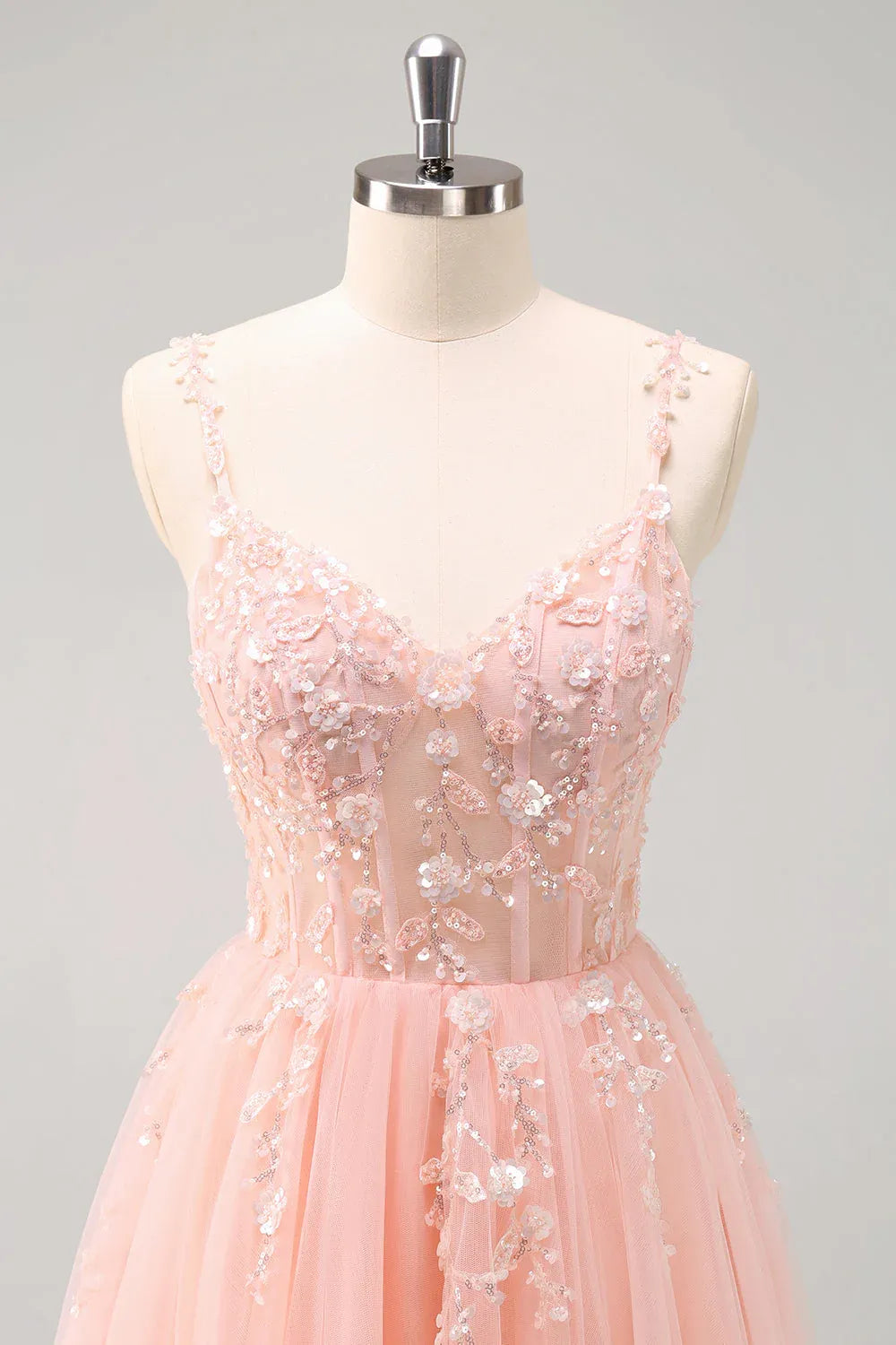 Lovely A-Line Spaghetti Strap Corset Beaded Appliques Tulle Pink Prom Dress