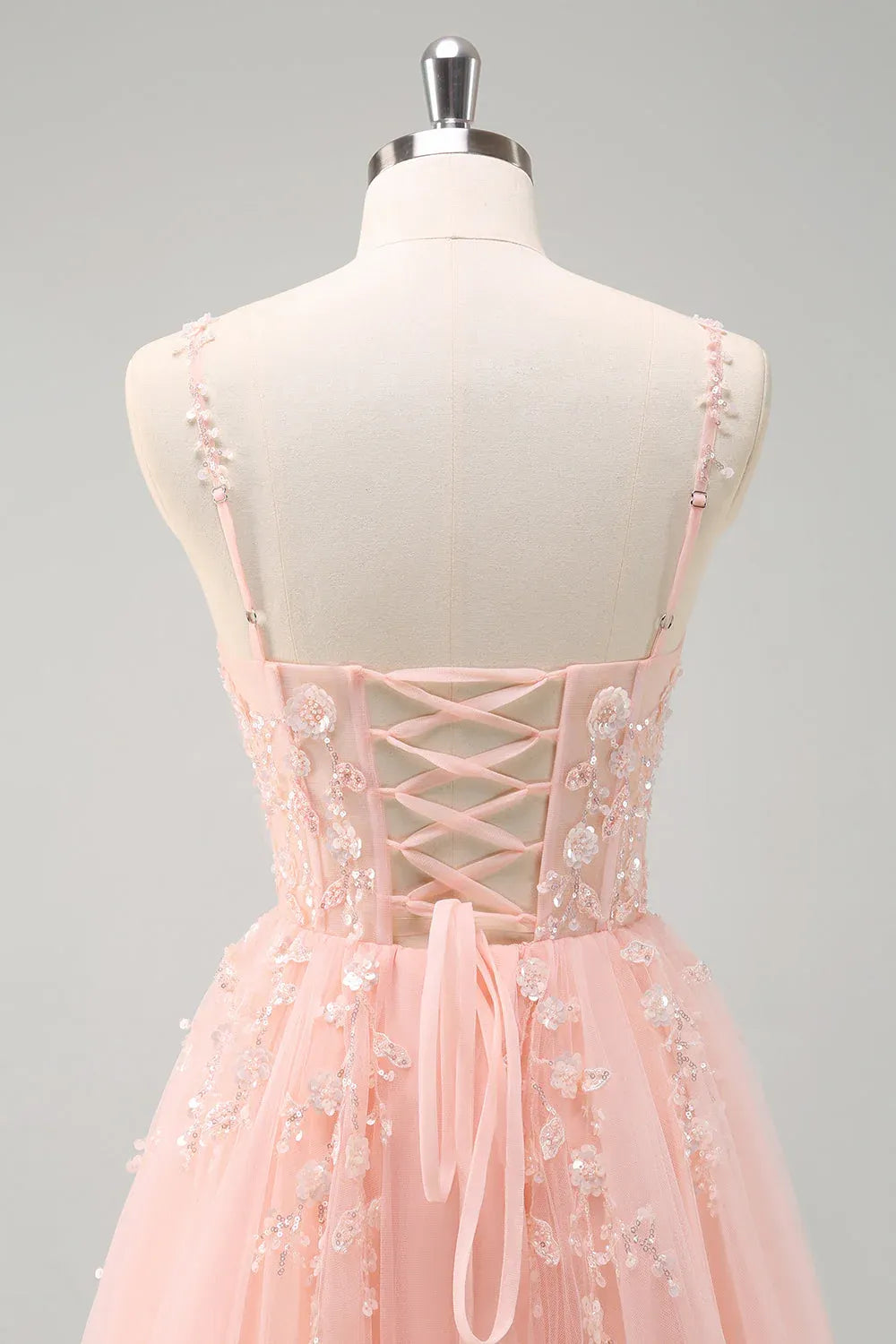 Lovely A-Line Spaghetti Strap Corset Beaded Appliques Tulle Pink Prom Dress