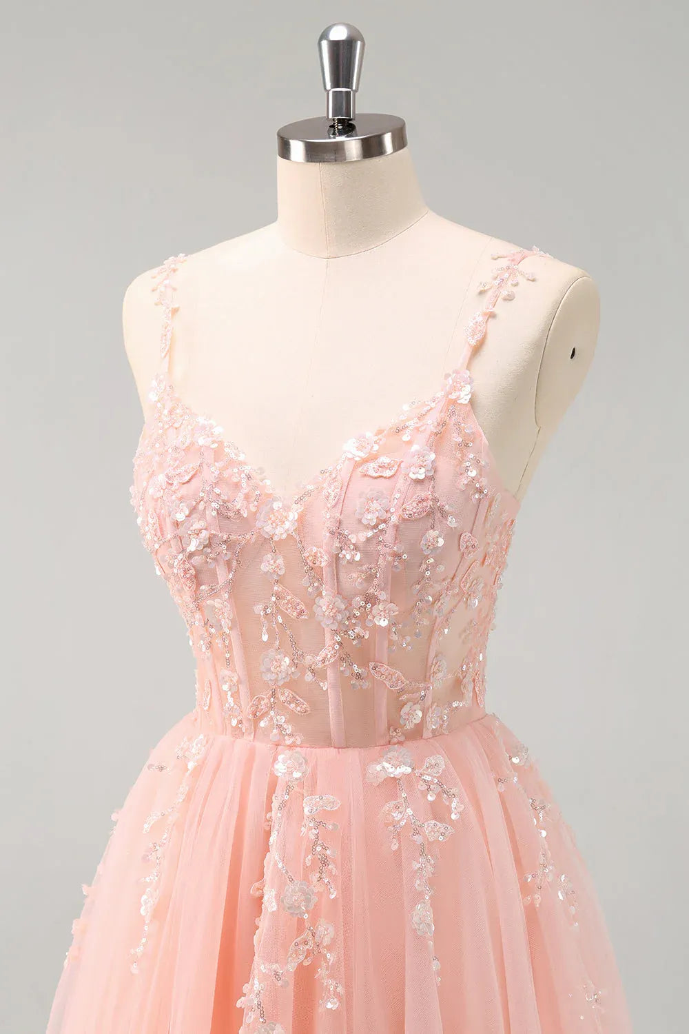 Lovely A-Line Spaghetti Strap Corset Beaded Appliques Tulle Pink Prom Dress
