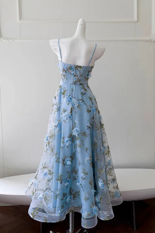 Lovely A-Line Spaghetti Straps Floral Tulle Sky Blue Formal Evening Dresses