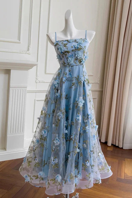 Lovely A-Line Spaghetti Straps Floral Tulle Sky Blue Formal Evening Dresses