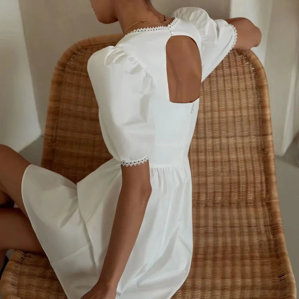 Lovely A-Line Square Neck Puff Sleeve Lace Trim Cutout White Mini Homecoming Dress
