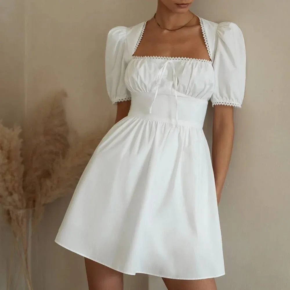 Lovely A-Line Square Neck Puff Sleeve Lace Trim Cutout White Mini Homecoming Dress