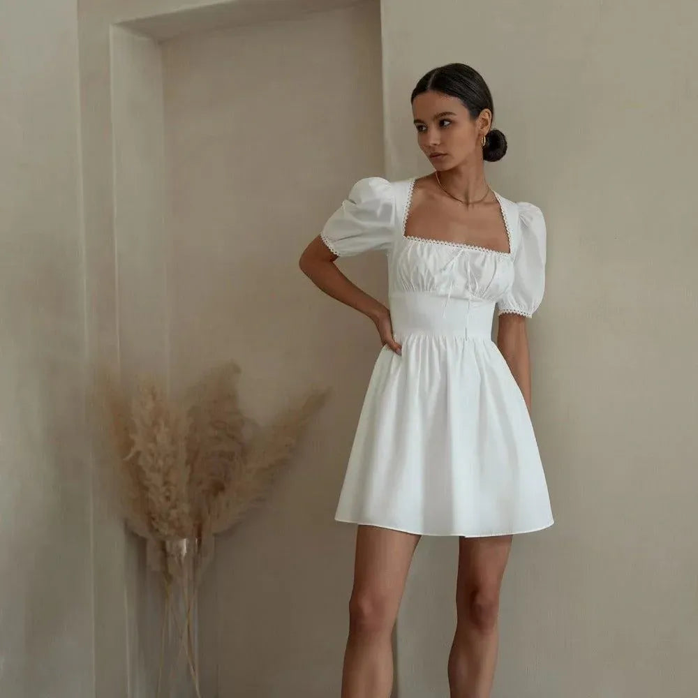 Lovely A-Line Square Neck Puff Sleeve Lace Trim Cutout White Mini Homecoming Dress