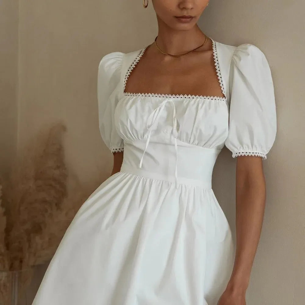 Lovely A-Line Square Neck Puff Sleeve Lace Trim Cutout White Mini Homecoming Dress