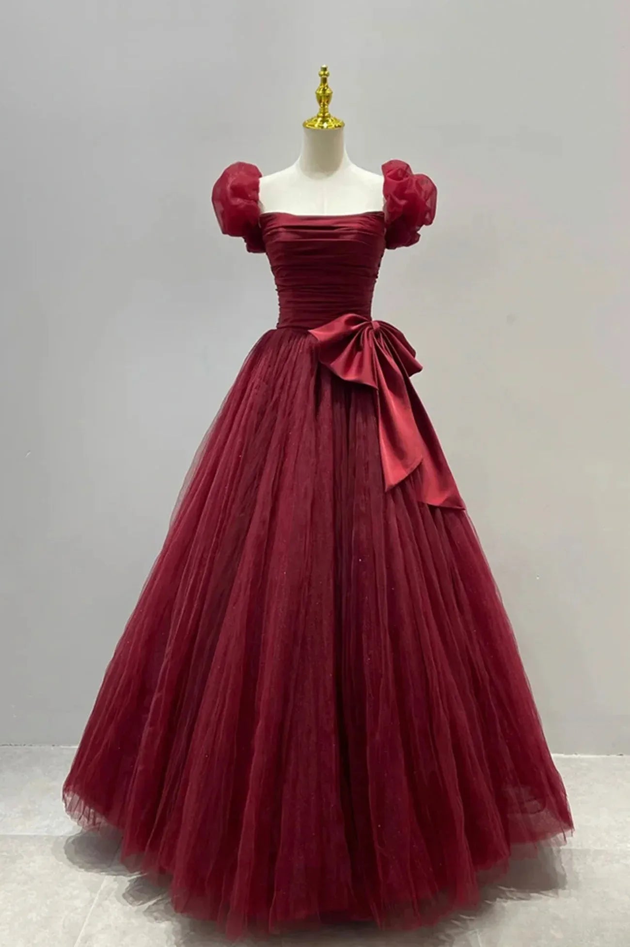 Lovely A-Line Square Neck Puff Sleeve Lace Up Floor-Length Prom Dress